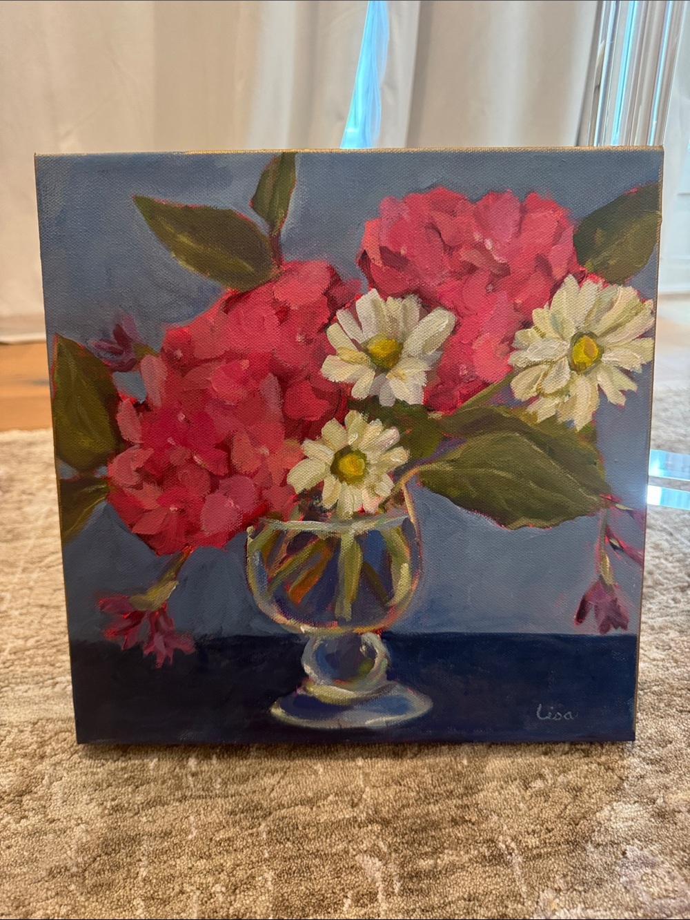 Floral Canvas Painting - Pink Hydrangeas & White Daisies with 1.5inch  gold edge
